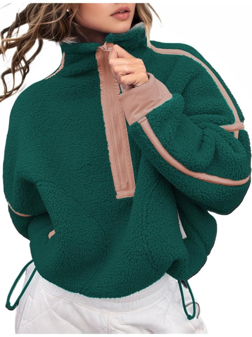 Women’s Pink Green Fleece Half ZIP Cropped Pullover Pocket Oversized Sweatshirt